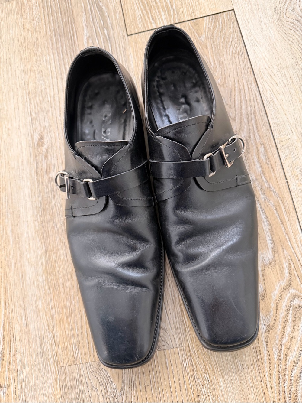 Men's Black Leather Prada Strap Dress Shoes